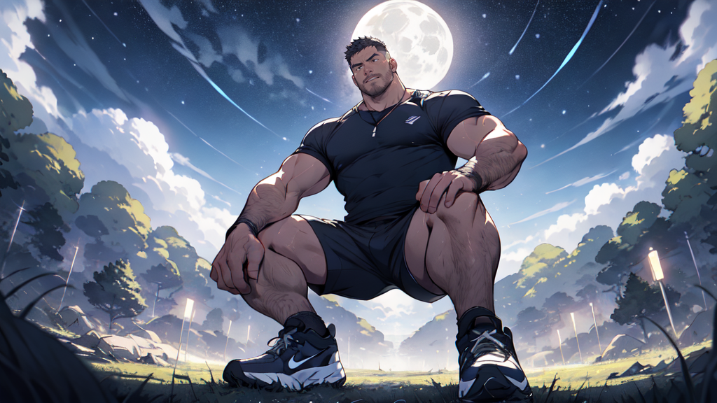 01450-3304062790-Draw a mature athlete,Standing in the grassland under the starry sky,he is wearing a T-shirt and athletic shorts and nike sneake.png